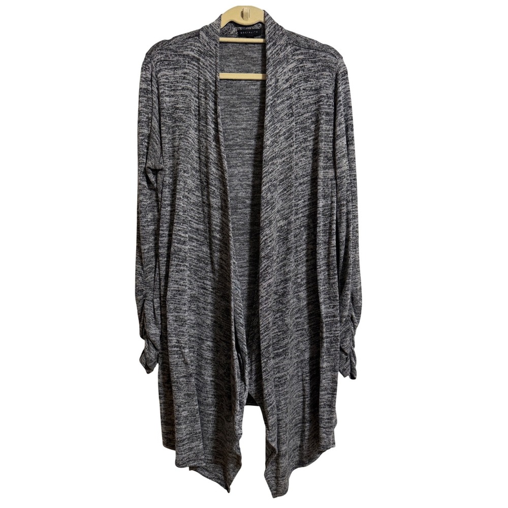 Socialite Womens Grey Space Dye Open Front Draped Cardigan Ruched Cuffs Size L